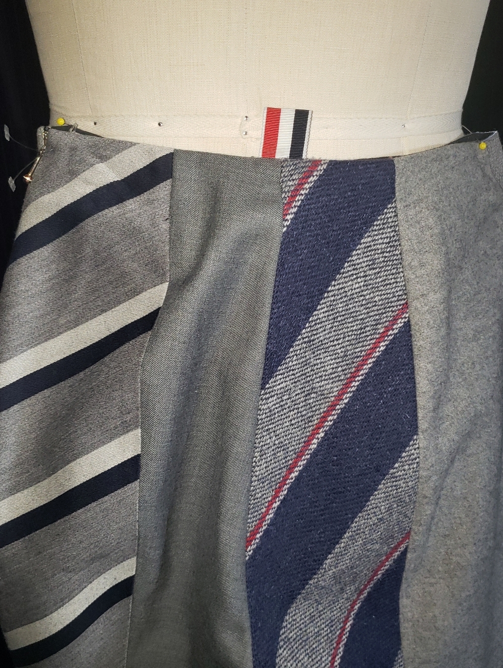 Thom Browne Patchwork Striped Skinny Pant in Gray, Navy & Red Accents